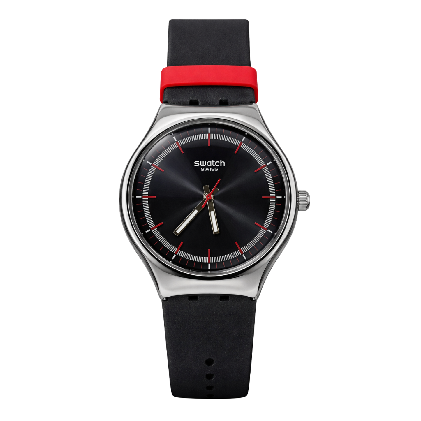 Montre Swatch Swiss Classique – Cadran Noir & Détails Rouges | Bracelet Silicone Noir & Rouge | DABSHY