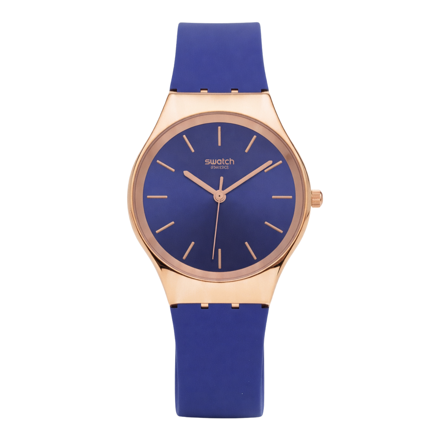 Montre Swatch Swiss Élégante – Cadran Bleu & Boîtier Or Rose | Bracelet Silicone Bleu | DABSHY