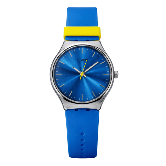 Montre Swatch Swiss Colorée – Cadran Bleu Effet Sunburst | Bracelet Bleu & Jaune | DABSHY