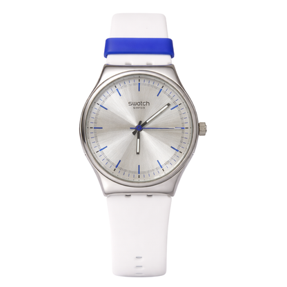 Montre Swatch Swiss Élégante – Cadran Argenté & Détails Bleus | Bracelet Blanc & Bleu | DABSHY