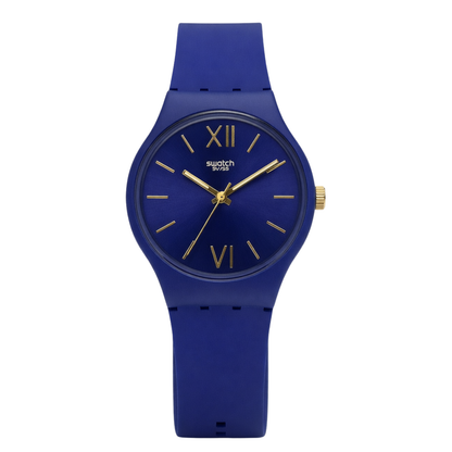 Montre Swatch Bleue Marine Élégante avec Détails Dorés