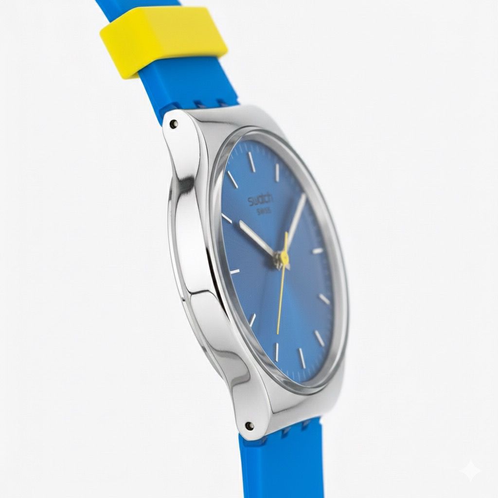 Montre Swatch Swiss Colorée – Cadran Bleu Effet Sunburst | Bracelet Bleu & Jaune | DABSHY